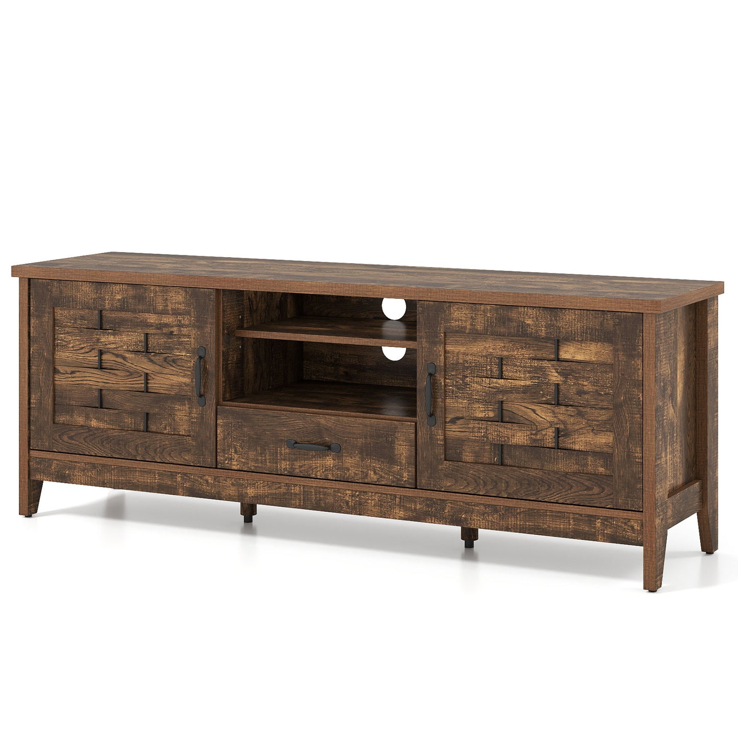 Farmhouse TV Stand for 65 Inch TVs with 2 Woven Accent Doors and 3 Adjustable Shelves, Rustic Brown