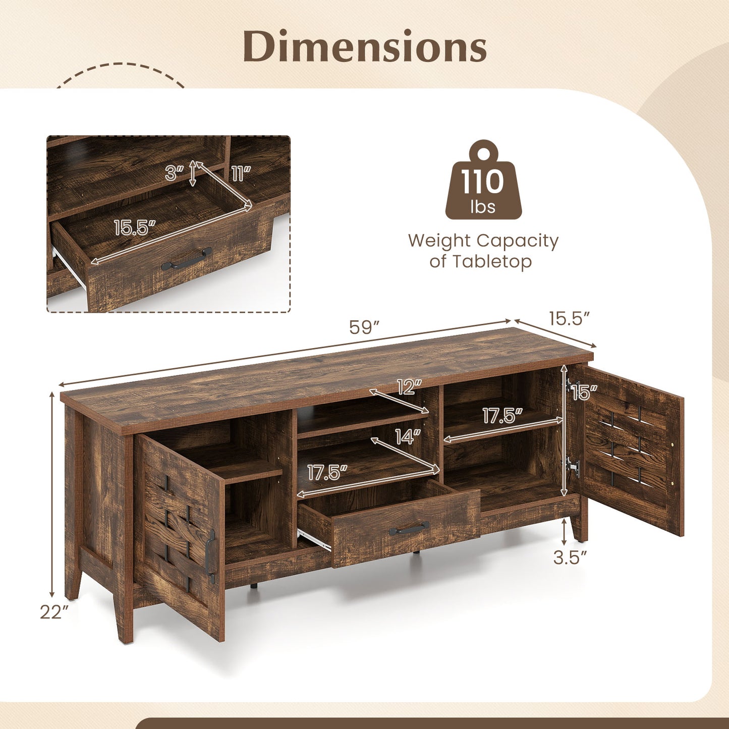 Farmhouse TV Stand for 65 Inch TVs with 2 Woven Accent Doors and 3 Adjustable Shelves, Rustic Brown