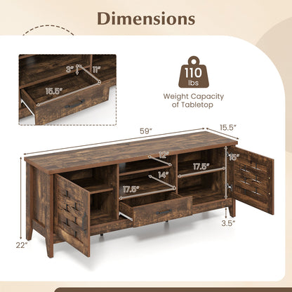 Farmhouse TV Stand for 65 Inch TVs with 2 Woven Accent Doors and 3 Adjustable Shelves, Rustic Brown
