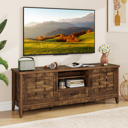 Farmhouse TV Stand for 65 Inch TVs with 2 Woven Accent Doors and 3 Adjustable Shelves, Rustic Brown
