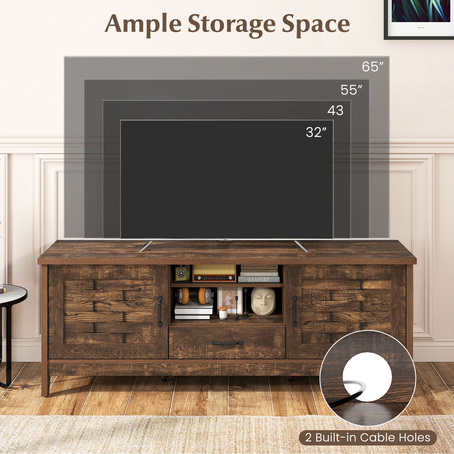 Farmhouse TV Stand for 65 Inch TVs with 2 Woven Accent Doors and 3 Adjustable Shelves, Rustic Brown