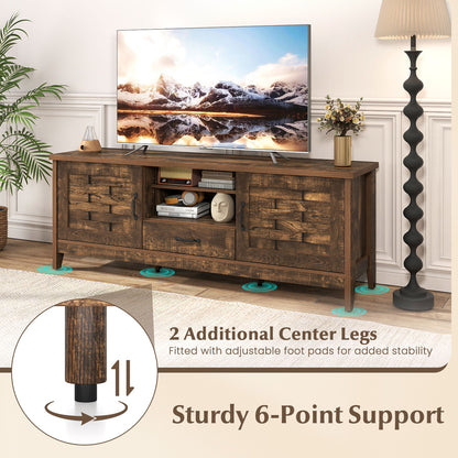 Farmhouse TV Stand for 65 Inch TVs with 2 Woven Accent Doors and 3 Adjustable Shelves, Rustic Brown