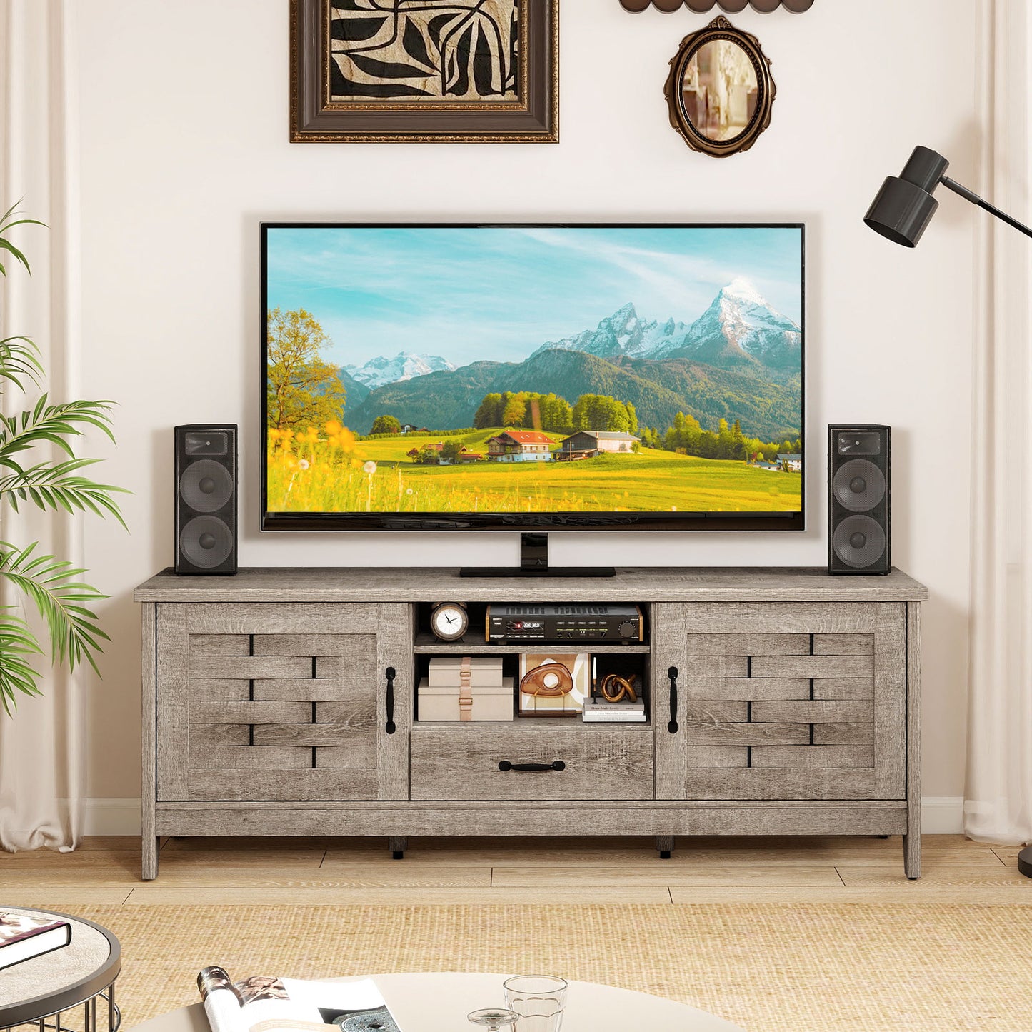 Farmhouse TV Stand for 65 Inch TVs with 2 Woven Accent Doors and 3 Adjustable Shelves, Oak