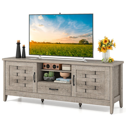 Farmhouse TV Stand for 65 Inch TVs with 2 Woven Accent Doors and 3 Adjustable Shelves, Oak