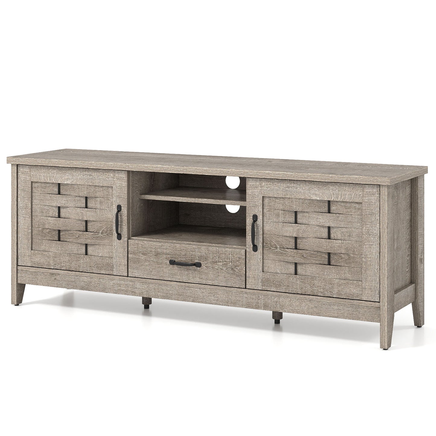 Farmhouse TV Stand for 65 Inch TVs with 2 Woven Accent Doors and 3 Adjustable Shelves, Oak