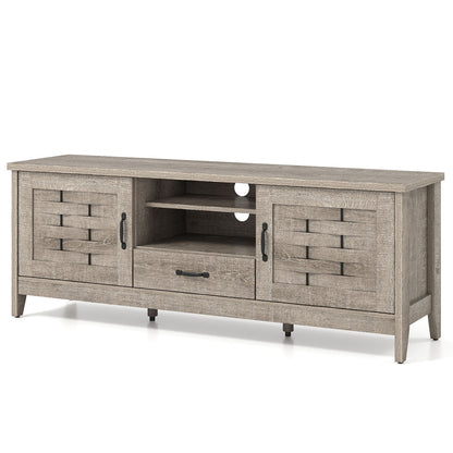 Farmhouse TV Stand for 65 Inch TVs with 2 Woven Accent Doors and 3 Adjustable Shelves, Oak