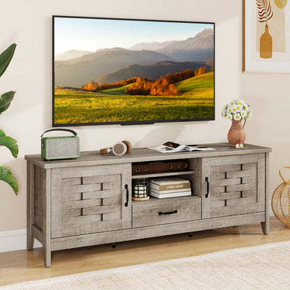 Farmhouse TV Stand for 65 Inch TVs with 2 Woven Accent Doors and 3 Adjustable Shelves, Oak