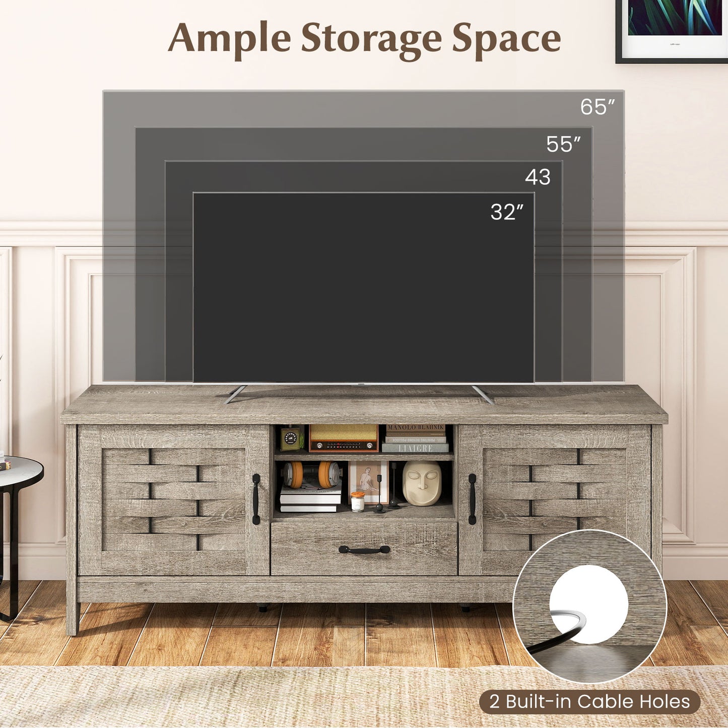 Farmhouse TV Stand for 65 Inch TVs with 2 Woven Accent Doors and 3 Adjustable Shelves, Oak