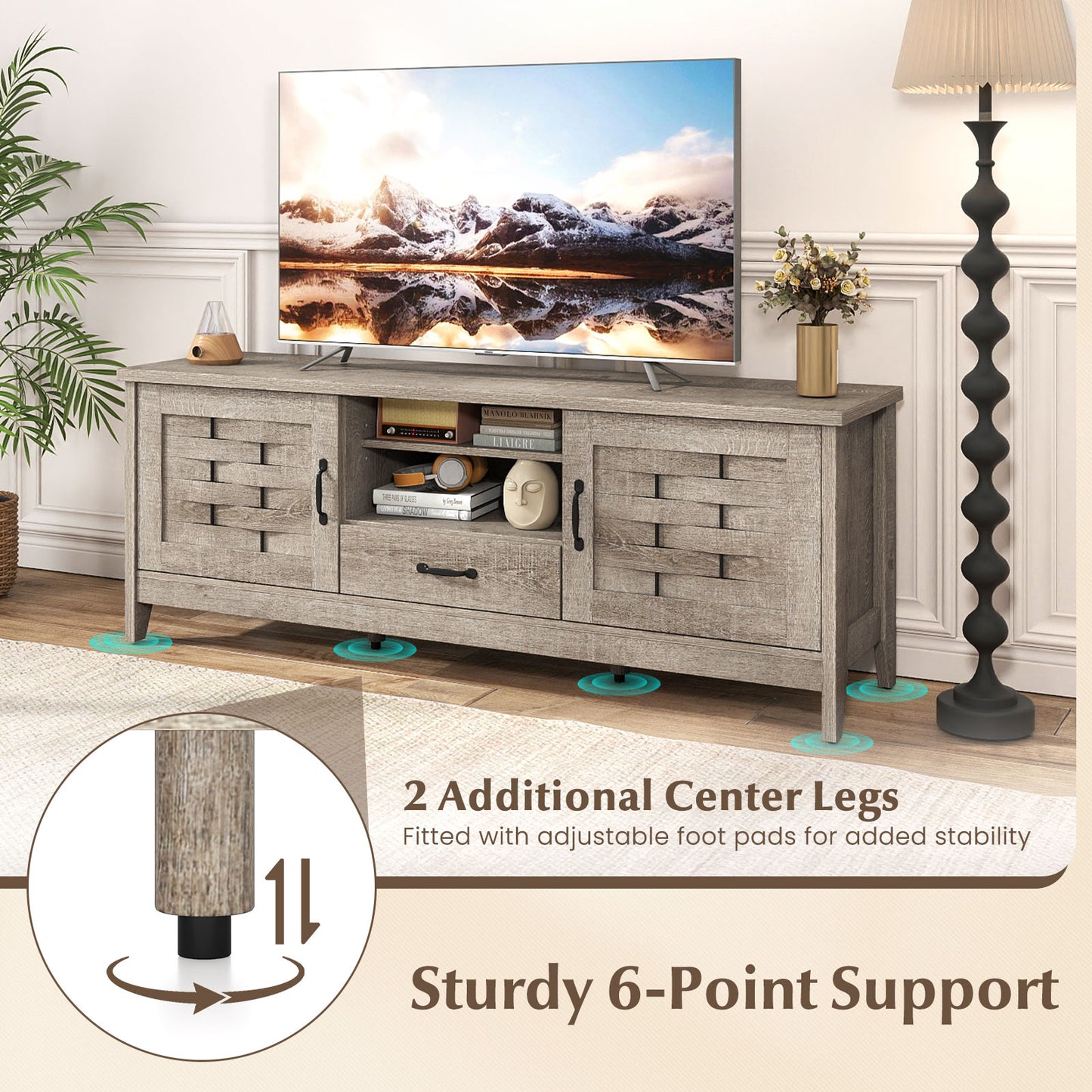 Farmhouse TV Stand for 65 Inch TVs with 2 Woven Accent Doors and 3 Adjustable Shelves, Oak