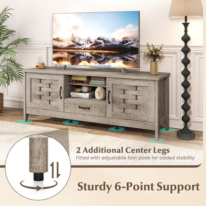 Farmhouse TV Stand for 65 Inch TVs with 2 Woven Accent Doors and 3 Adjustable Shelves, Oak