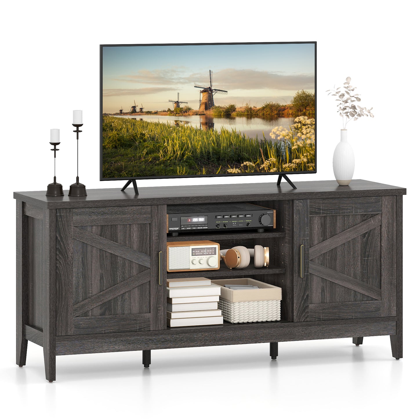 Farmhouse TV Stand for TVs up to 65 Inch Entertainment Center with 2 Storage Cabinets, Gray Entertainment Centers & TV Stands Gray at Gallery Canada