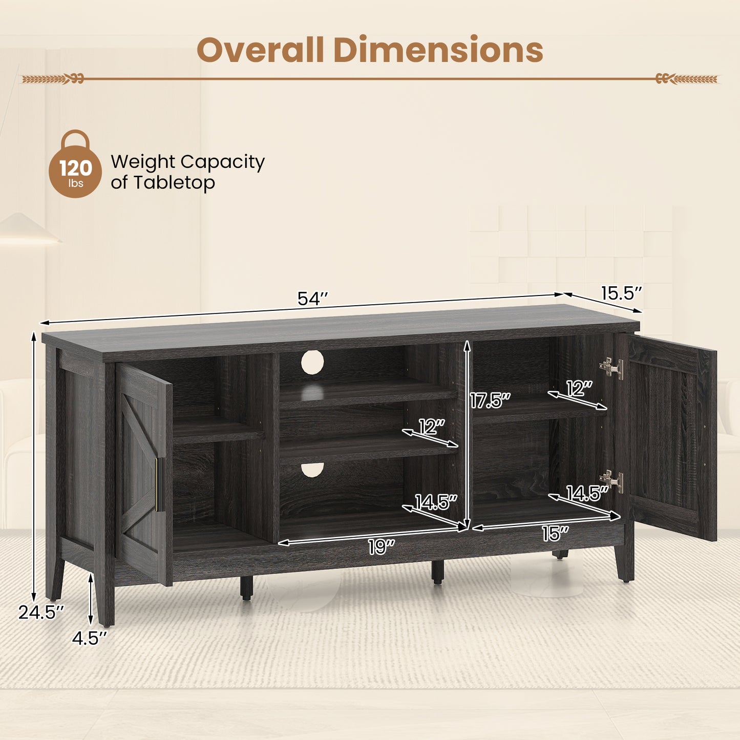 Farmhouse TV Stand for TVs up to 65 Inch Entertainment Center with 2 Storage Cabinets, Gray