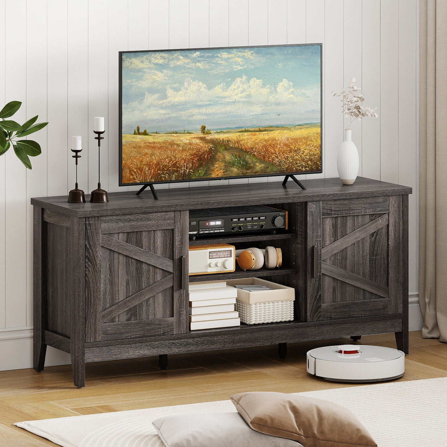 Farmhouse TV Stand for TVs up to 65 Inch Entertainment Center with 2 Storage Cabinets, Gray