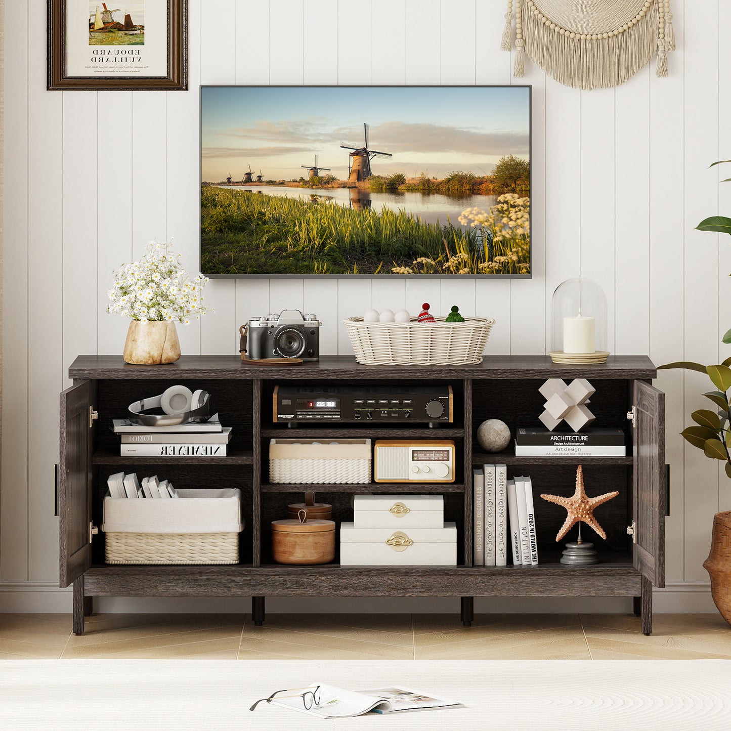 Farmhouse TV Stand for TVs up to 65 Inch Entertainment Center with 2 Storage Cabinets, Gray