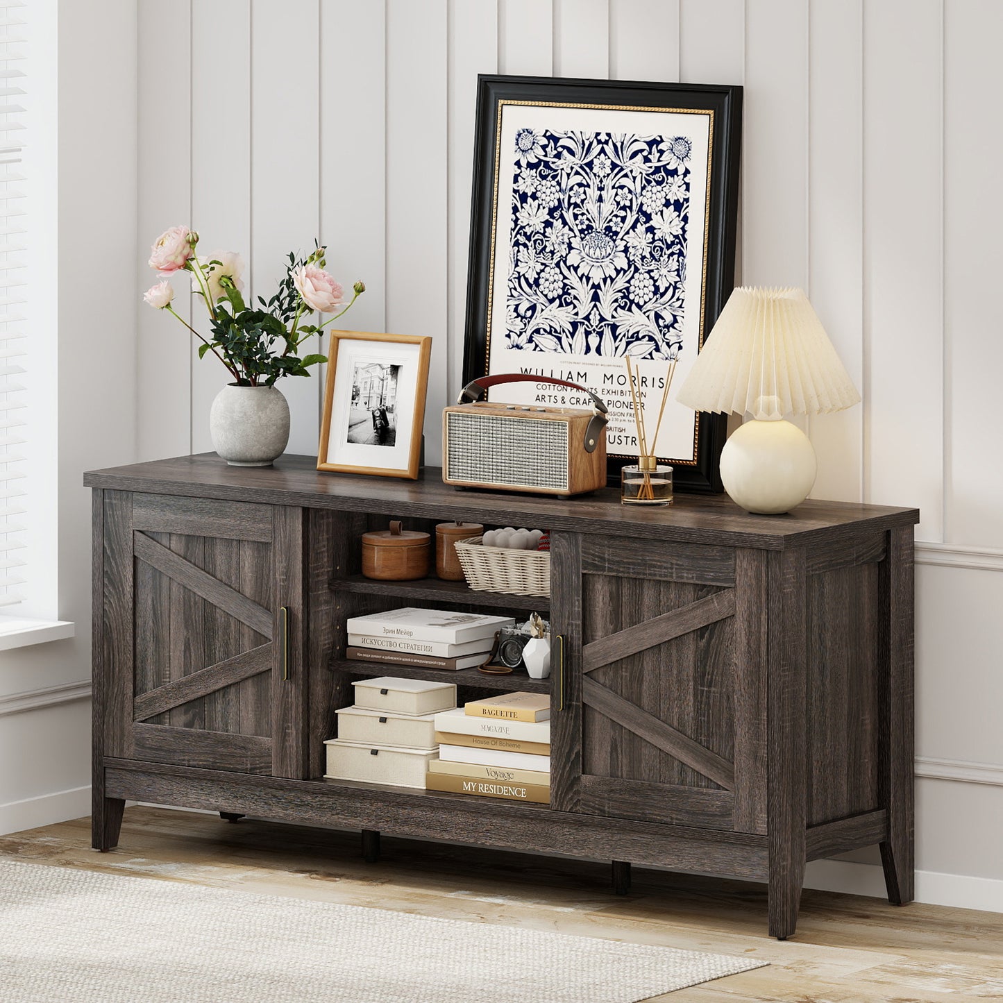 Farmhouse TV Stand for TVs up to 65 Inch Entertainment Center with 2 Storage Cabinets, Gray