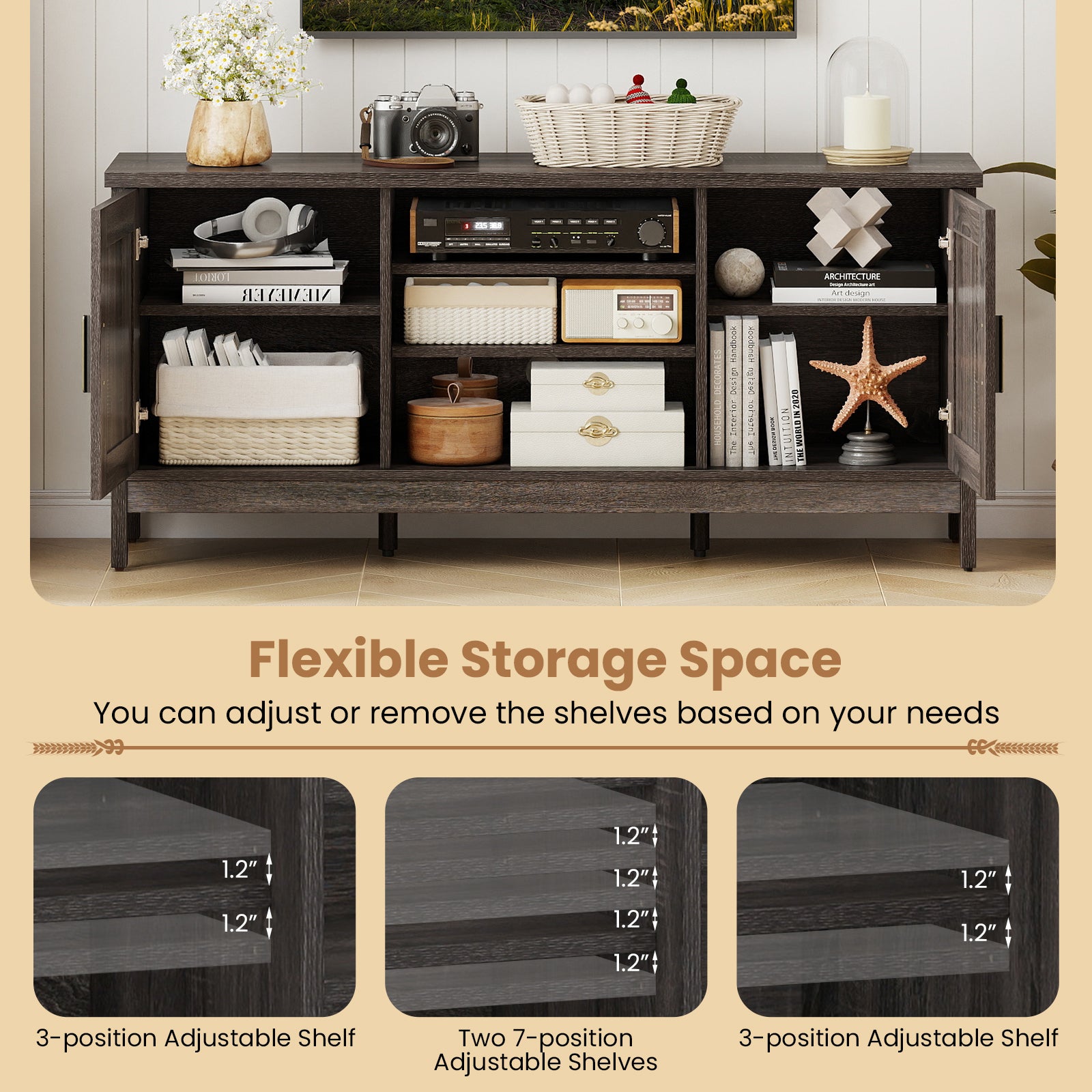 Farmhouse TV Stand for TVs up to 65 Inch Entertainment Center with 2 Storage Cabinets, Gray Entertainment Centers & TV Stands at Gallery Canada