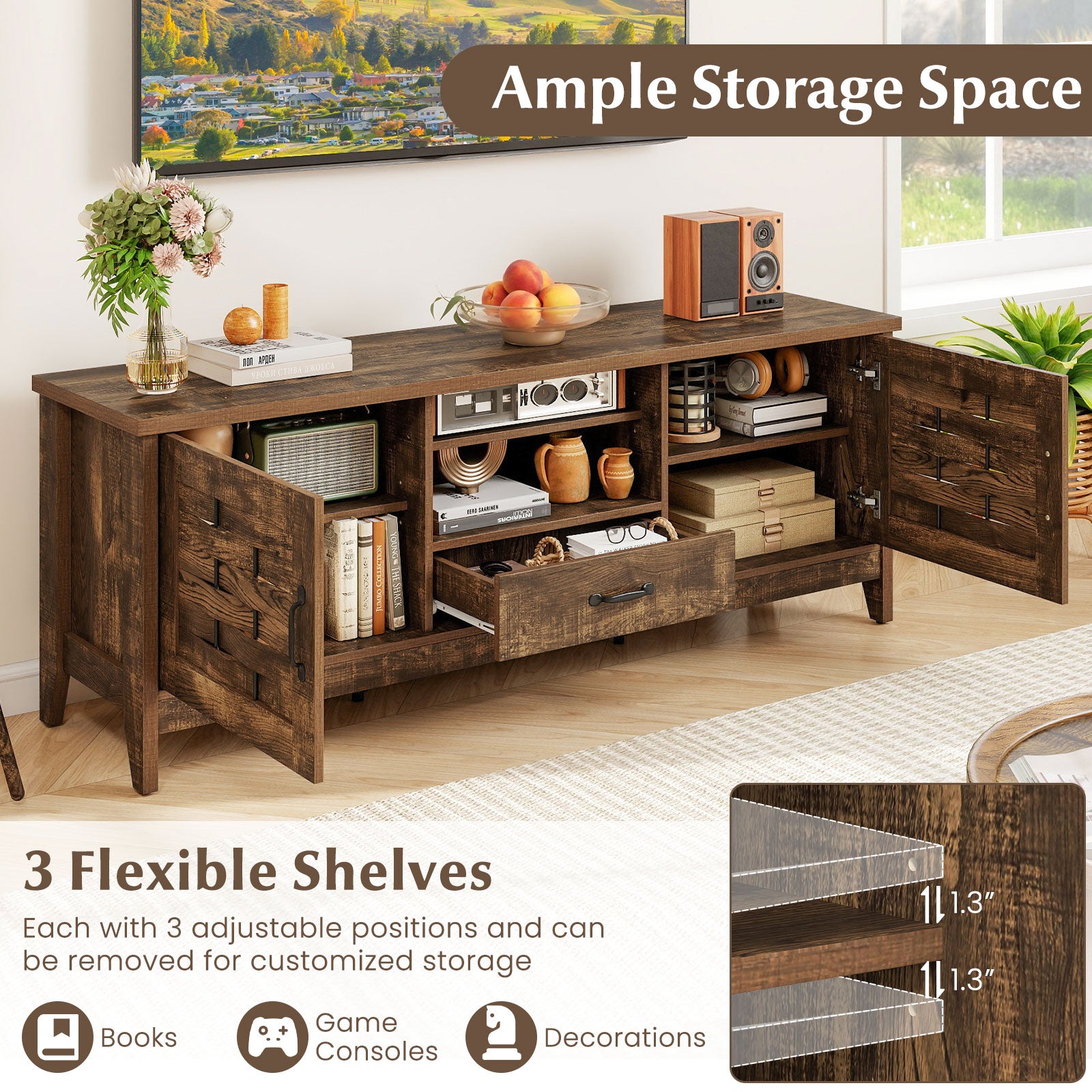 Farmhouse TV Stand for 65 Inch TVs with 2 Woven Accent Doors and 3 Adjustable Shelves, Rustic Brown Entertainment Centers & TV Stands at Gallery Canada