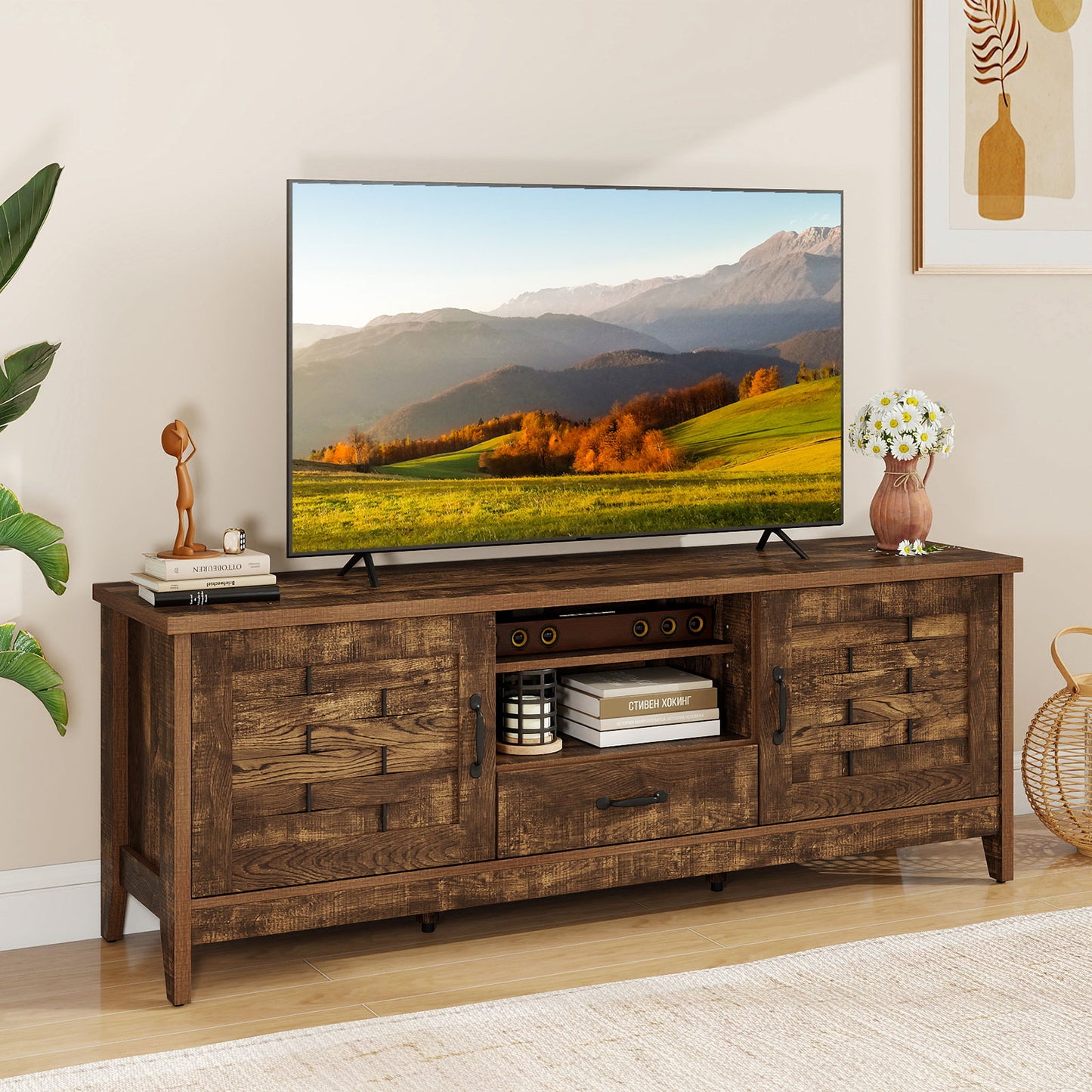 Farmhouse TV Stand for 65 Inch TVs with 2 Woven Accent Doors and 3 Adjustable Shelves, Rustic Brown Entertainment Centers & TV Stands at Gallery Canada