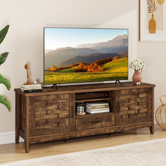 Farmhouse TV Stand for 65 Inch TVs with 2 Woven Accent Doors and 3 Adjustable Shelves, Rustic Brown Entertainment Centers & TV Stands Rustic Brown at Gallery Canada