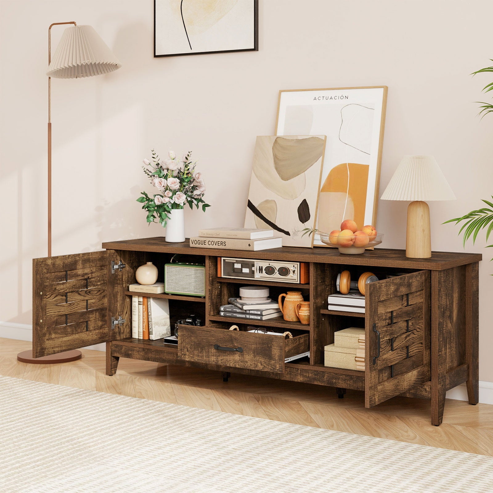 Farmhouse TV Stand for 65 Inch TVs with 2 Woven Accent Doors and 3 Adjustable Shelves, Rustic Brown Entertainment Centers & TV Stands at Gallery Canada