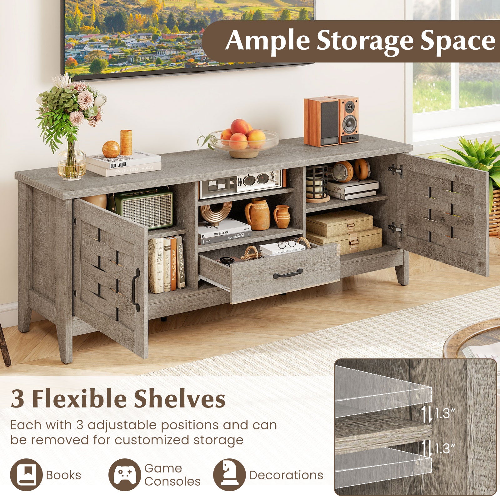 Farmhouse TV Stand for 65 Inch TVs with 2 Woven Accent Doors and 3 Adjustable Shelves, Oak Entertainment Centers & TV Stands at Gallery Canada