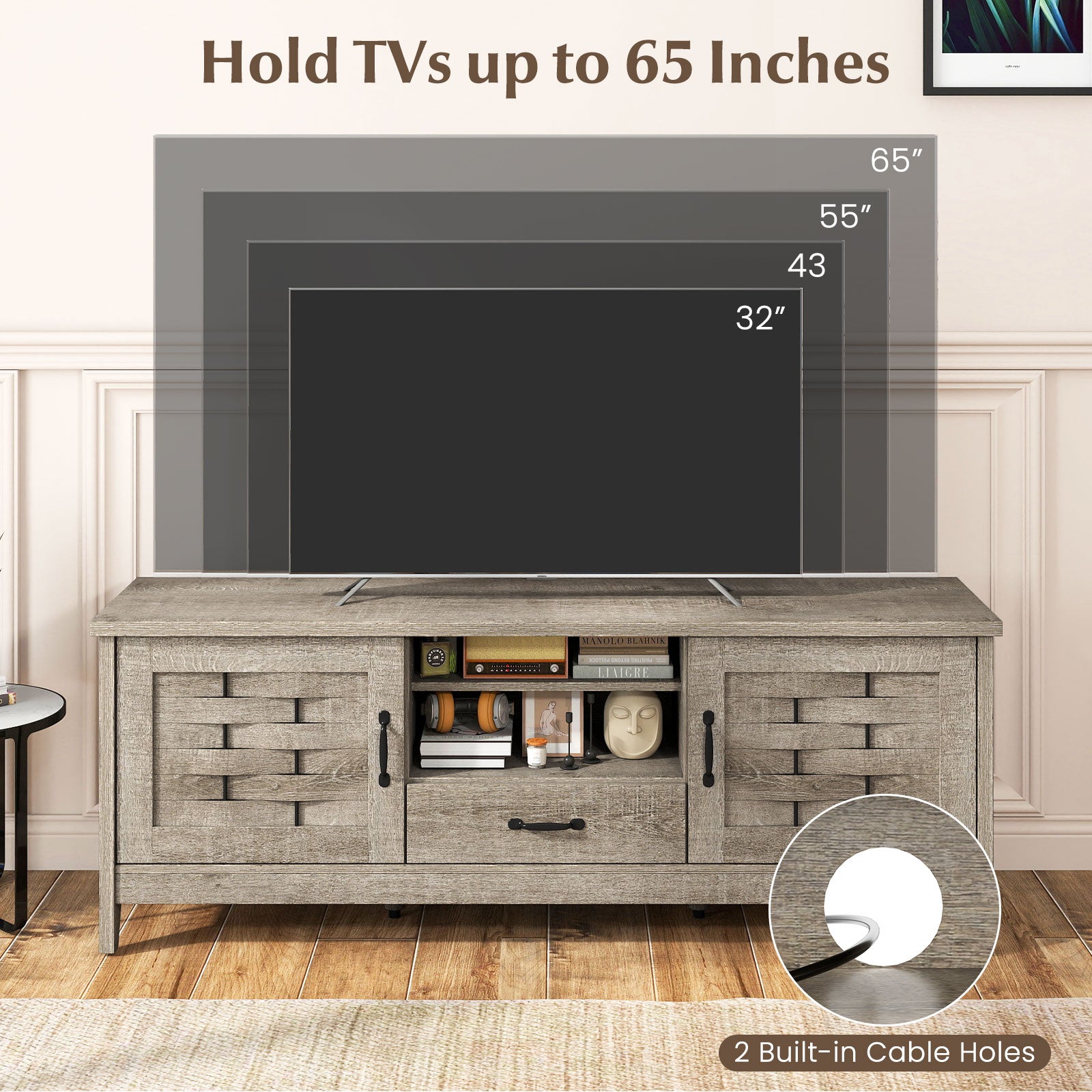 Farmhouse TV Stand for 65 Inch TVs with 2 Woven Accent Doors and 3 Adjustable Shelves, Oak Entertainment Centers & TV Stands at Gallery Canada