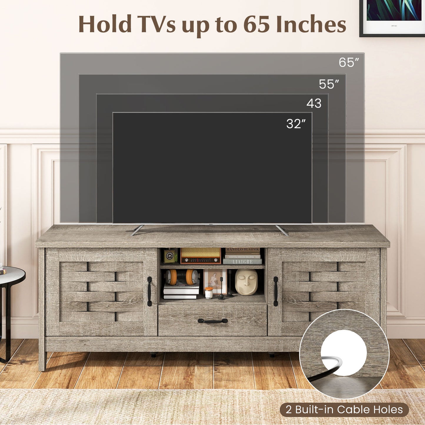 Farmhouse TV Stand for 65 Inch TVs with 2 Woven Accent Doors and 3 Adjustable Shelves, Oak Entertainment Centers & TV Stands at Gallery Canada