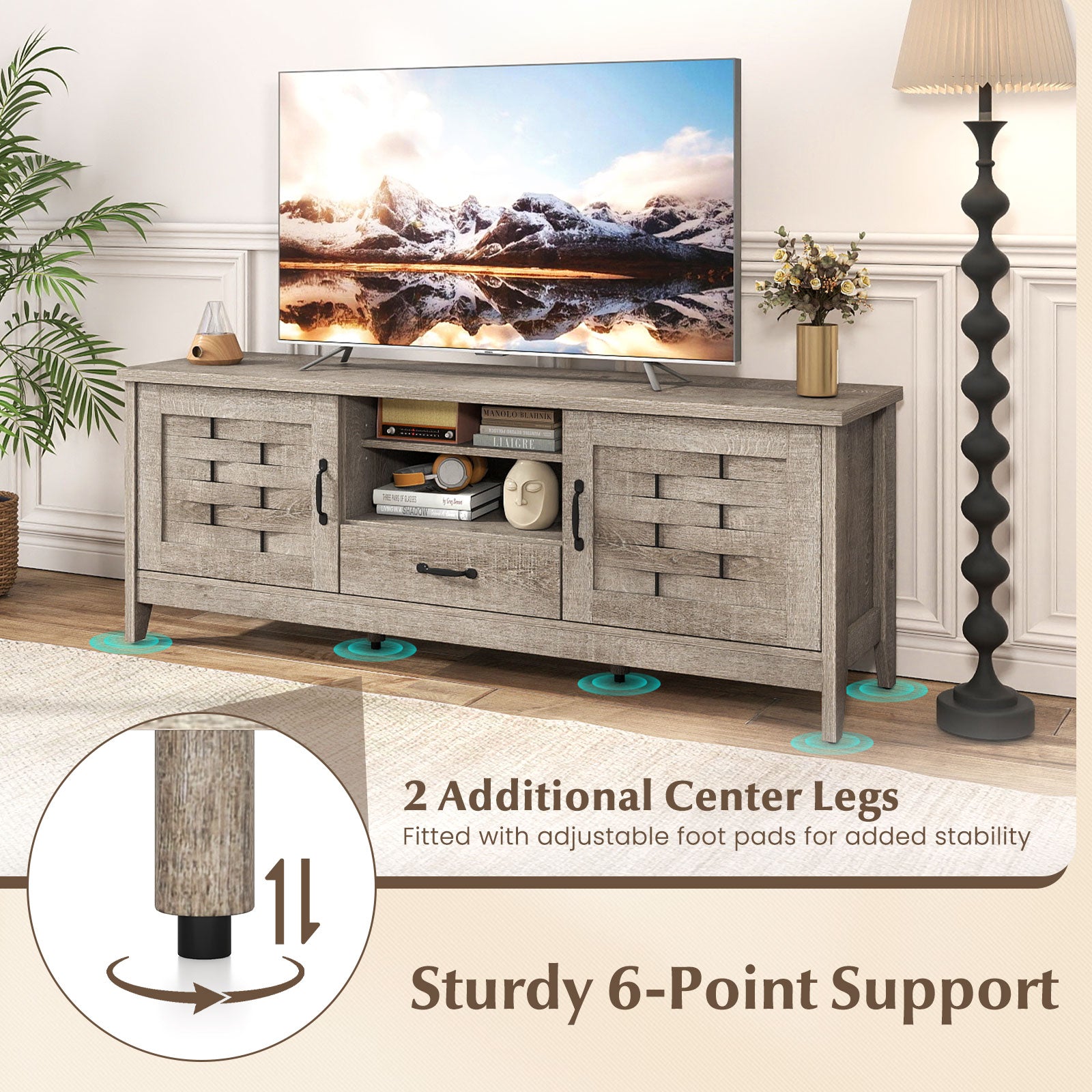 Farmhouse TV Stand for 65 Inch TVs with 2 Woven Accent Doors and 3 Adjustable Shelves, Oak Entertainment Centers & TV Stands at Gallery Canada