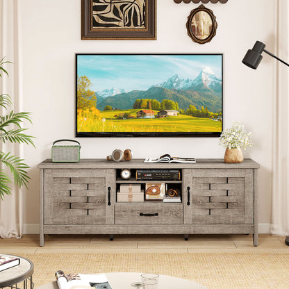 Farmhouse TV Stand for 65 Inch TVs with 2 Woven Accent Doors and 3 Adjustable Shelves, Oak Entertainment Centers & TV Stands at Gallery Canada