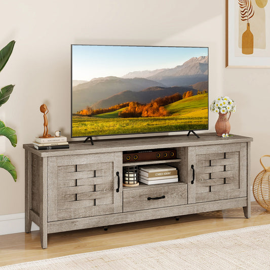 Farmhouse TV Stand for 65 Inch TVs with 2 Woven Accent Doors and 3 Adjustable Shelves, Oak Entertainment Centers & TV Stands Oak at Gallery Canada