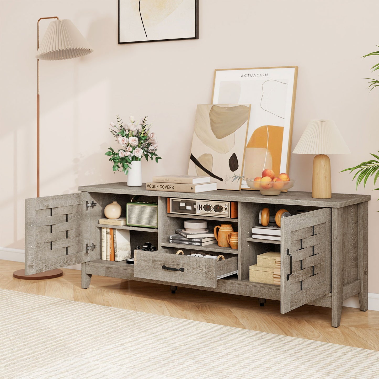 Farmhouse TV Stand for 65 Inch TVs with 2 Woven Accent Doors and 3 Adjustable Shelves, Oak Entertainment Centers & TV Stands at Gallery Canada