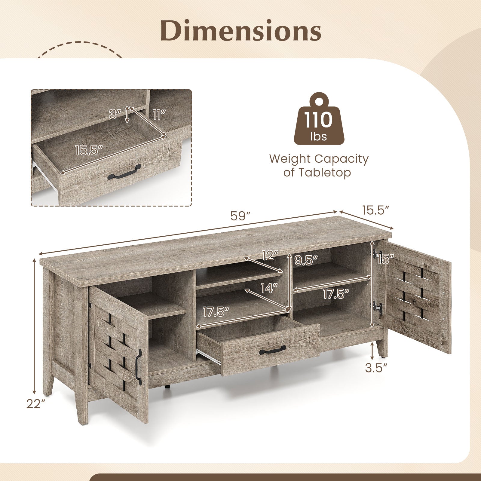 Farmhouse TV Stand for 65 Inch TVs with 2 Woven Accent Doors and 3 Adjustable Shelves, Oak Entertainment Centers & TV Stands at Gallery Canada