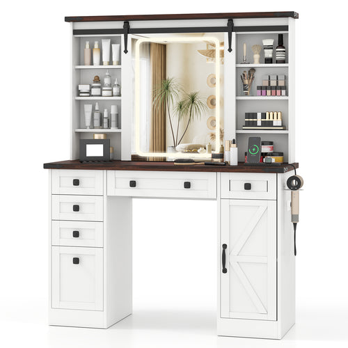Farmhouse Vanity Desk with Barn-Style Sliding Mirror and 3 Lighting Modes, White