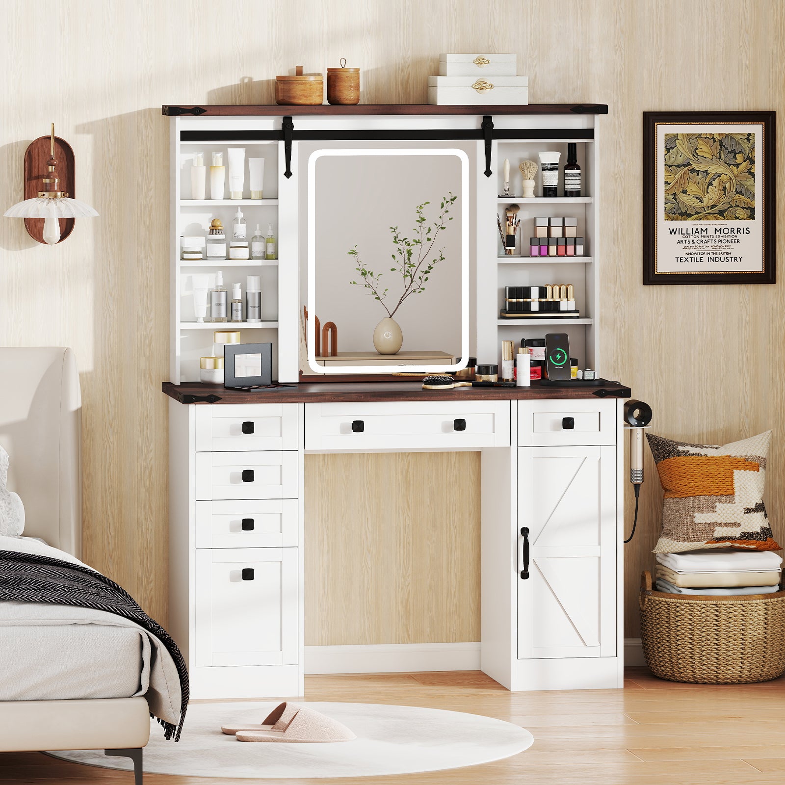 Farmhouse Vanity Desk with Barn-Style Sliding Mirror and 3 Lighting Modes, White Makeup Vanities at Gallery Canada