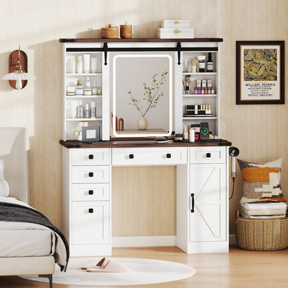 Farmhouse Vanity Desk with Barn-Style Sliding Mirror and 3 Lighting Modes, White Makeup Vanities at Gallery Canada