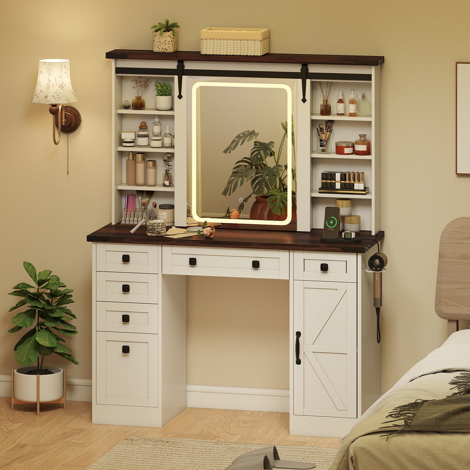 Farmhouse Vanity Desk with Barn-Style Sliding Mirror and 3 Lighting Modes, White Makeup Vanities at Gallery Canada
