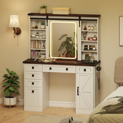 Farmhouse Vanity Desk with Barn-Style Sliding Mirror and 3 Lighting Modes, White Makeup Vanities at Gallery Canada