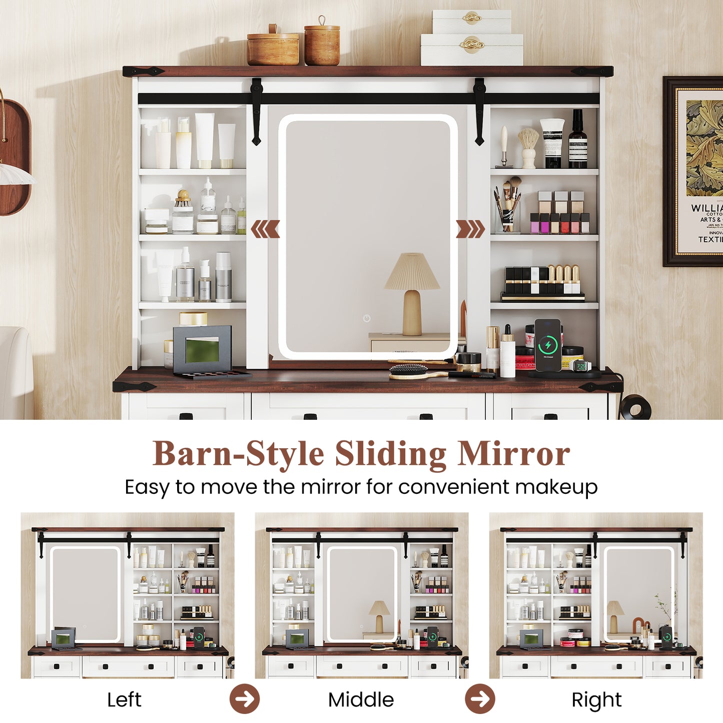 Farmhouse Vanity Desk with Barn-Style Sliding Mirror and 3 Lighting Modes, White Makeup Vanities at Gallery Canada