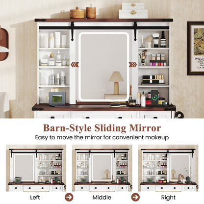 Farmhouse Vanity Desk with Barn-Style Sliding Mirror and 3 Lighting Modes, White Makeup Vanities at Gallery Canada