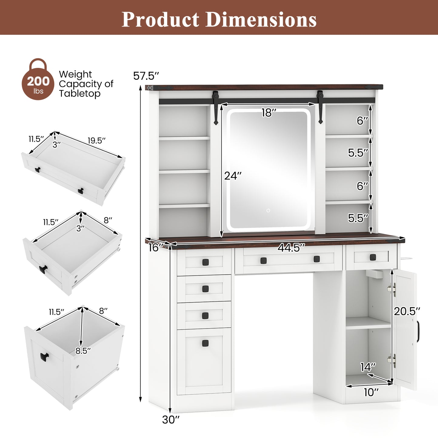 Farmhouse Vanity Desk with Barn-Style Sliding Mirror and 3 Lighting Modes, White Makeup Vanities at Gallery Canada