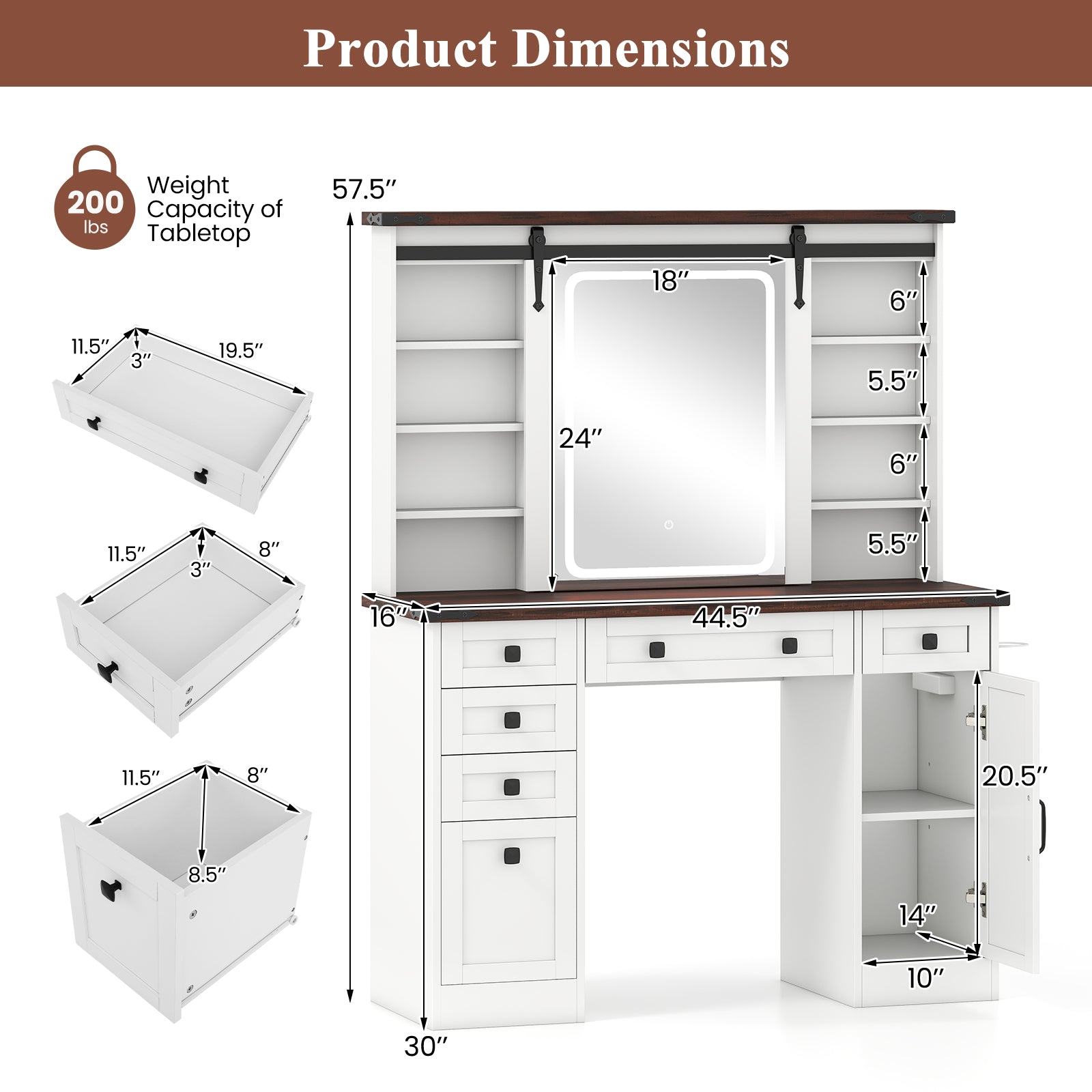 Farmhouse Vanity Desk with Barn-Style Sliding Mirror and 3 Lighting Modes, White Makeup Vanities at Gallery Canada
