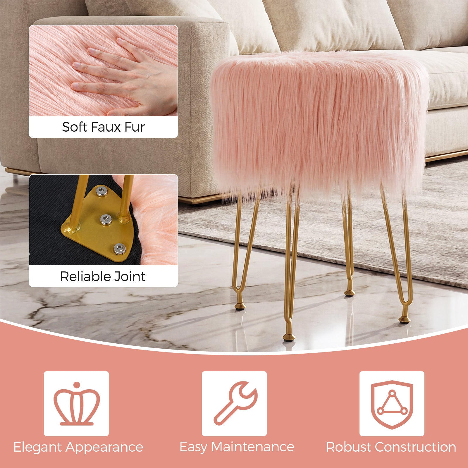 Faux Fur Vanity Stool Chair, Metal Legs, Pink Ottomans at Gallery Canada