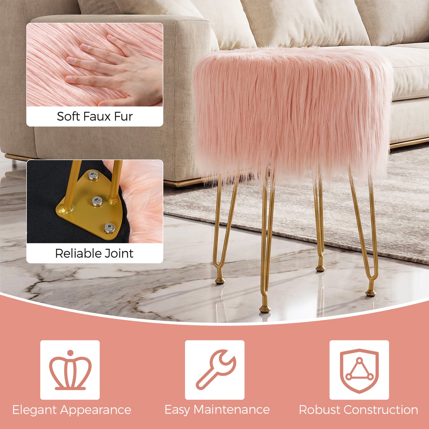 Faux Fur Vanity Stool Chair, Metal Legs, Pink Ottomans at Gallery Canada