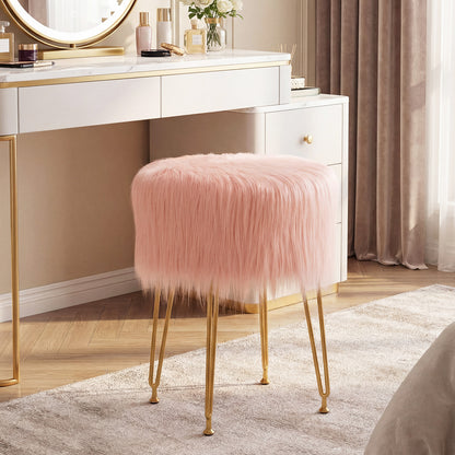 Faux Fur Vanity Stool Chair, Metal Legs, Pink Ottomans at Gallery Canada