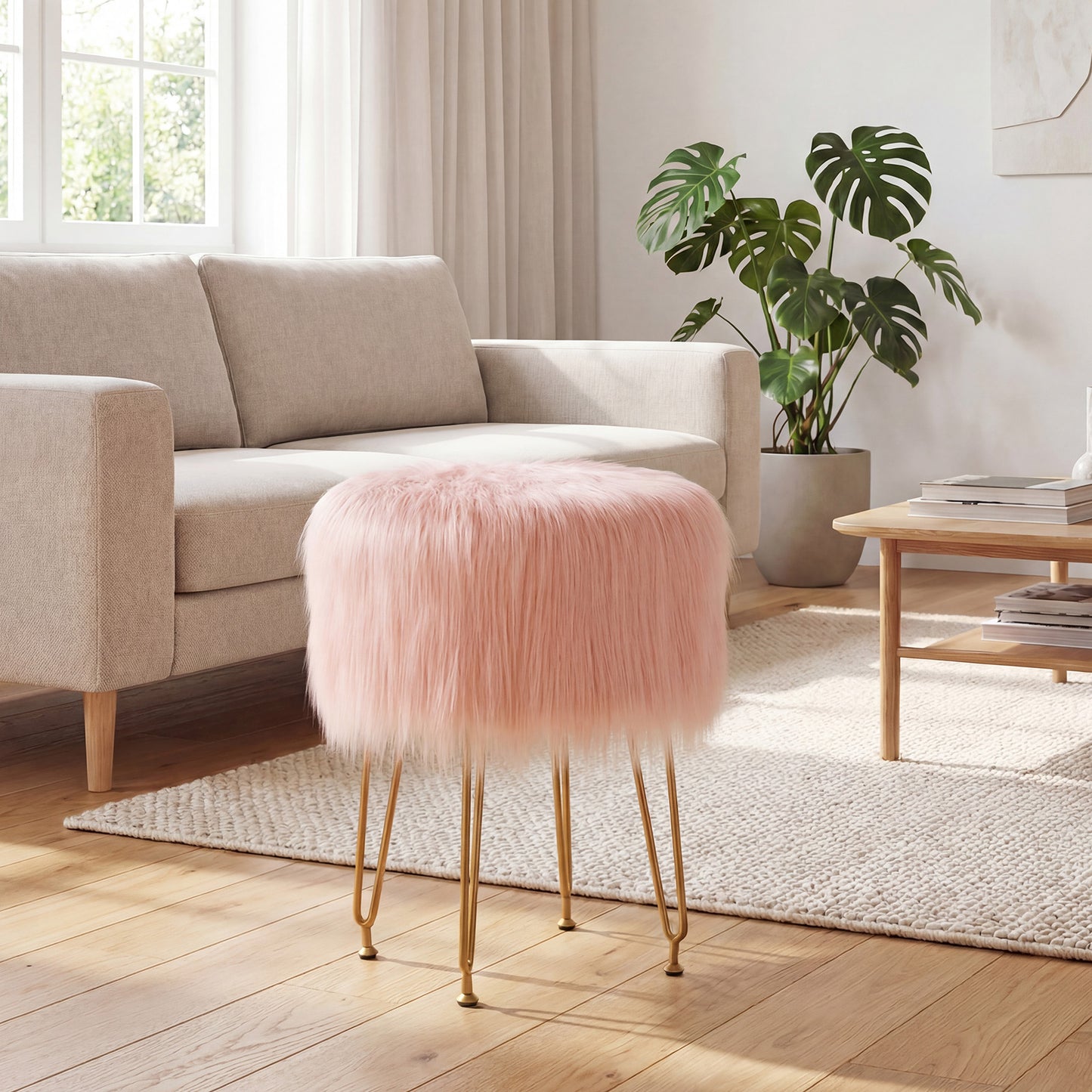 Faux Fur Vanity Stool Chair, Metal Legs, Pink Ottomans at Gallery Canada