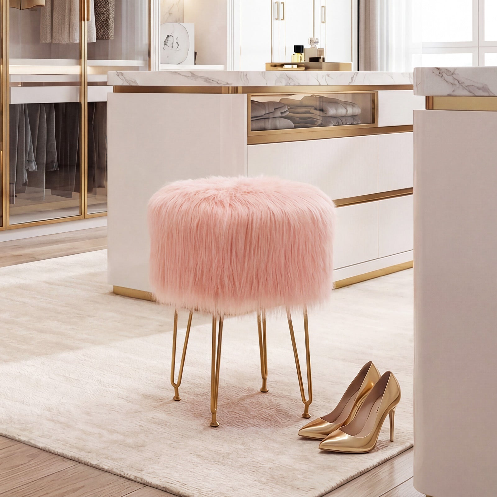 Faux Fur Vanity Stool Chair, Metal Legs, Pink Ottomans at Gallery Canada