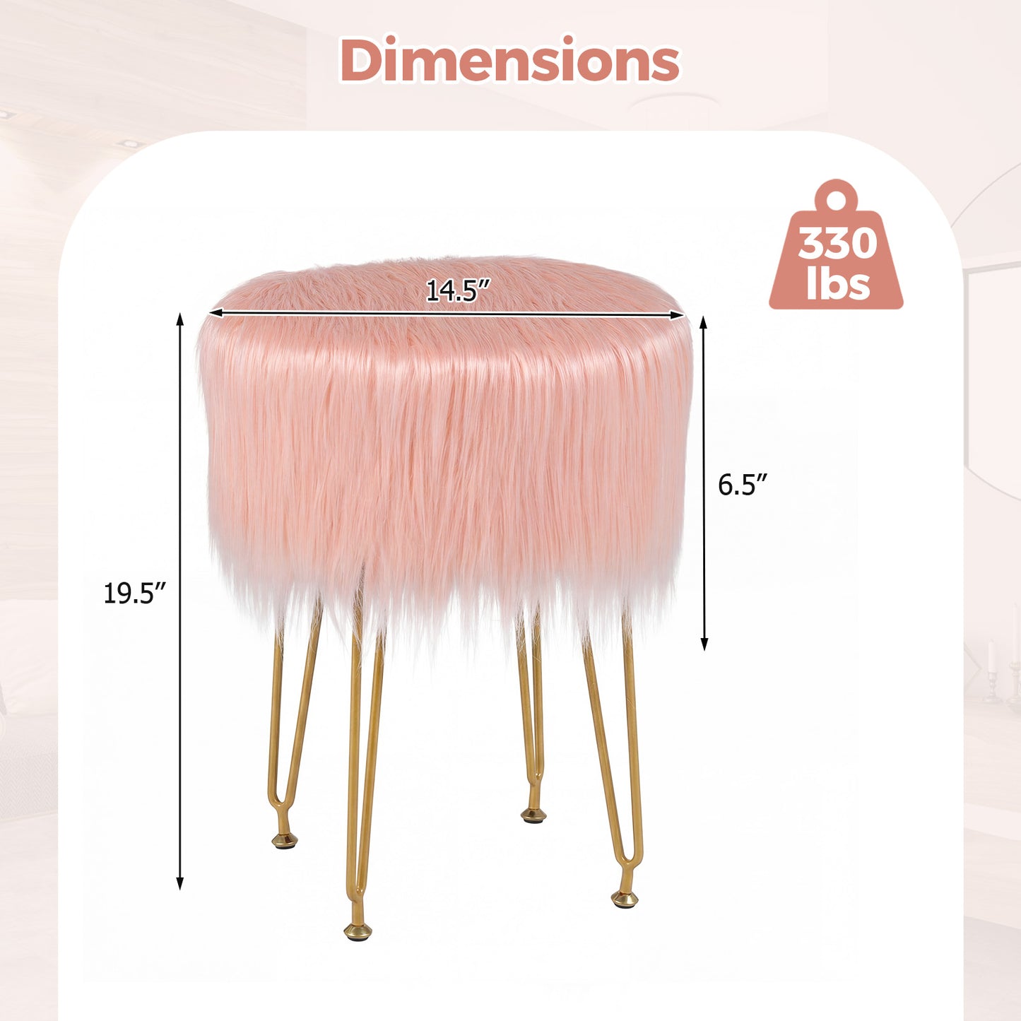 Faux Fur Vanity Stool Chair, Metal Legs, Pink Ottomans at Gallery Canada