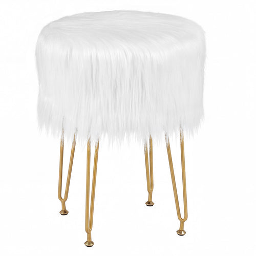 Faux Fur Vanity Stool, Metal Legs, White