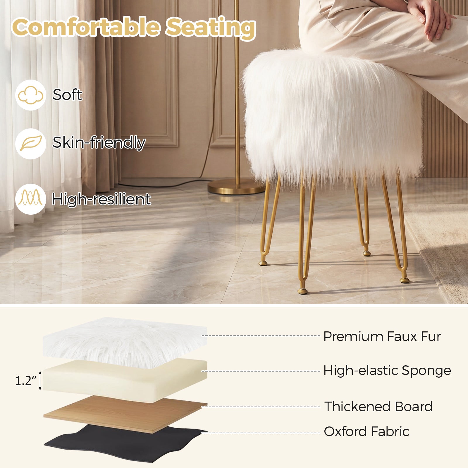 Faux Fur Vanity Stool, Metal Legs, White Ottomans at Gallery Canada