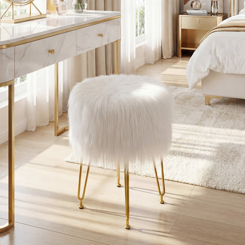Faux Fur Vanity Stool, Metal Legs, White